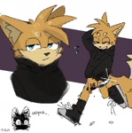 Size: 1434x1440 | Tagged: safe, artist:yulayumeno, miles "tails" prower, 2024, :/, beanbrows, black shoes, clothes, dialogue, hands in pocket, holding something, hoodie, knife, shine, smile, text