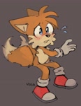 Size: 2442x3147 | Tagged: safe, artist:yulayumeno, miles "tails" prower, 2022, blushing, floppy ears, grey background, looking offscreen, male, mouth open, signature, simple background, sitting, solo, surprised, sweatdrop