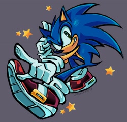 Size: 2048x1967 | Tagged: safe, artist:jojoleafy1234, sonic the hedgehog, 2025, grey background, looking at viewer, pointing, posing, redraw, redraw challenge, simple background, smile, star (symbol)