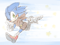 Size: 1600x1200 | Tagged: safe, artist:thegreatrouge, sonic the hedgehog, oc, oc:clear the hedgehog, 2016, blushing, gender swap, looking at viewer, running, simple background, smile, smiling at viewer, sonic boom (tv), star (symbol), v sign, white background, wink, winking at viewer