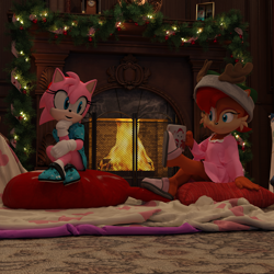 Size: 3000x3000 | Tagged: safe, artist:theowlgoesmoo, amy rose, sally acorn, christmas