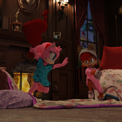 Size: 3000x3000 | Tagged: safe, artist:theowlgoesmoo, amy rose, grounder, sally acorn, scratch, christmas, pillow, pillow fight