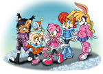 Size: 1539x1110 | Tagged: safe, artist:bellseashell, amy rose, bunnie rabbot, cheese (chao), cream the rabbit, nicole the hololynx, sally acorn, group, winter, winter outfit