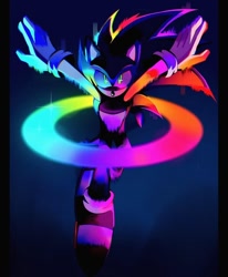 Size: 640x776 | Tagged: safe, artist:kuroiyuki_96, sonic the hedgehog, hedgehog, jumping, looking at viewer, rainbow, solo, solo male