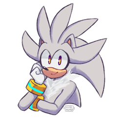 Size: 1024x1024 | Tagged: safe, artist:izmemomo, silver the hedgehog, head rest, looking at viewer, signature, simple background, smile, smiling at viewer, transparent background
