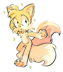 Size: 915x1042 | Tagged: safe, artist:mirikun, miles "tails" prower, barefoot, claws, cute, ear fluff, gloves off, mouth open, one fang, pawpads, paws, simple background, sparkles, standing, white background