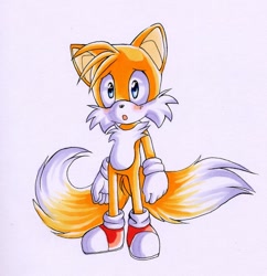 Size: 736x760 | Tagged: safe, artist:mirikun, miles "tails" prower, :o, blushing, clenched fists, looking offscreen, mouth open, simple background, standing, traditional media, white background