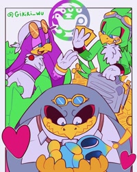 Size: 1440x1800 | Tagged: safe, artist:gikijet, jet the hawk, storm the albatross, wave the swallow, bird, chao, 2024, babylon rogues, babylon rogues logo, border, coin, exclamation mark, flat colors, heart, holding something, holding them, lidded eyes, looking at each other, money, neutral chao, signature, smile, suitcase, trio