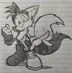 Size: 1750x1769 | Tagged: safe, artist:stupidfred0, miles "tails" prower, 2023, clenched fist, mouth open, open smile, pencilwork, riders style, smile, smiling at viewer, solo, sonic riders, standing, traditional media
