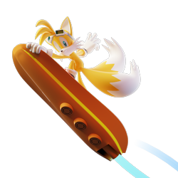 Size: 1920x1920 | Tagged: safe, artist:sonicridersrevo, miles "tails" prower, 2022, 3d, extreme gear, holding something, mid-air, simple background, smile, smiling at viewer, solo, sonic riders, sonic riders evo, transparent background
