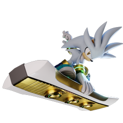 Size: 1024x1024 | Tagged: safe, artist:sonicridersrevo, silver the hedgehog, 2022, 3d, extreme gear, holding something, simple background, smile, smiling at viewer, solo, sonic riders, sonic riders x (fanproject), transparent background