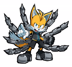 Size: 2048x1895 | Tagged: safe, artist:thatbirdguy_, miles "tails" prower, nine, sonic prime, 2025, clenched fist, looking at viewer, mod, mouth open, open smile, outline, pointing, simple background, smile, solo, sonic racing crossworlds, standing, white background