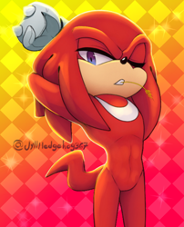 Size: 920x1138 | Tagged: safe, artist:jyllhedgehog367, knuckles the echidna, 2021, abstract background, lidded eyes, looking at viewer, mouth hold, one eye closed, signature, solo, standing, stretching, wheat