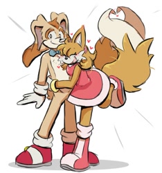 Size: 875x933 | Tagged: safe, artist:dapuffster, cream the rabbit, miles "tails" prower, amy's halterneck dress, cream x tails, duo, gender swap, heart, hugging, r63 shipping, shipping, simple background, smile, straight, white background