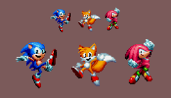 Size: 350x200 | Tagged: safe, artist:doa687, knuckles the echidna, miles "tails" prower, sonic the hedgehog, sonic mania, 2018, brown background, classic knuckles, classic sonic, classic tails, looking at viewer, mid-air, pixel art, posing, redraw, simple background, smile, smiling at viewer, sprite, team sonic, trio
