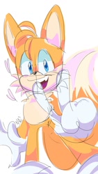 Size: 720x1280 | Tagged: safe, artist:iluskonai, miles "tails" prower, 2024, happy, heart, looking at viewer, mouth open, one fang, open smile, simple background, smile, smiling at viewer, solo, standing, v sign, white background