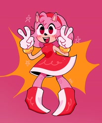 Size: 1681x2035 | Tagged: safe, artist:iluskonai, amy rose, 2024, abstract background, blushing, double v sign, happy, looking offscreen, mouth open, open smile, smile, solo, standing, star (symbol), v sign