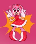 Size: 1681x2035 | Tagged: safe, artist:iluskonai, amy rose, 2024, abstract background, blushing, double v sign, happy, looking offscreen, mouth open, open smile, smile, solo, standing, star (symbol), v sign