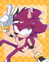 Size: 970x1234 | Tagged: safe, artist:iluskonai, oc, oc:grimm the hedgehog, hedgehog, 2024, abstract background, checkered background, commission, fur markings, lidded eyes, oc only, signature, smile, smiling at viewer, solo, sparkles, v sign