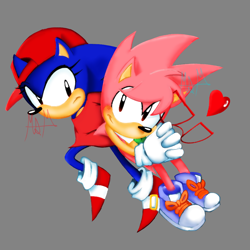 Size: 1070x1070 | Tagged: safe, artist:allysonvalley, amy rose, sonic the hedgehog, sonic cd, 2025, alternate outfit, backwards cap, cap, classic amy, classic sonic, classic style, clothes, duo, frown, gender swap, grey background, hat, heart, shirt, signature, simple background, smile