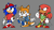 Size: 1306x742 | Tagged: safe, artist:allysonvalley, knuckles the echidna, miles "tails" prower, sonic the hedgehog, 2025, alternate outfit, backwards cap, blue shoes, cap, classic knuckles, classic sonic, classic tails, clothes, flat colors, flying, frown, gender swap, hat, mid-air, overalls, shirt, signature, smile, spinning tails, standing, team sonic, trio