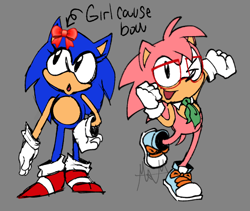 Size: 880x742 | Tagged: safe, artist:allysonvalley, amy rose, sonic the hedgehog, 2025, alternate outfit, bow, classic amy, classic sonic, duo, emoji, english text, flat colors, gender swap, glasses, grey background, signature, simple background, smile, text