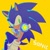 Size: 500x500 | Tagged: dead source, safe, artist:syesye996, sonic the hedgehog, character name, eyestrain, headphones, headphones around neck, looking at viewer, simple background, sitting, smile, smiling at viewer, solo, text, yellow background