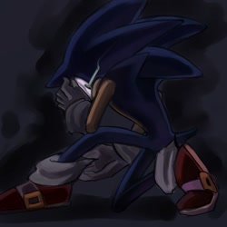 Size: 700x700 | Tagged: safe, artist:syesye996, sonic the hedgehog, dark form, dark sonic, glowing eyes, hand on face, kneeling, looking at viewer, solo