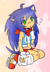 Size: 1731x2466 | Tagged: safe, artist:pukopop, sonic the hedgehog, human, 2024, :o, abstract background, alternate outfit, bandaid, bandaid on knee, bandaid over nose, bandana, blushing, clothes, crop top, cute, earring, eyebrow clipping through hair, eyebrows clipping through hair, fingerless gloves, humanized, jacket, kneeling, leg warmers, looking offscreen, midriff, mouth open, partially humanized, question mark, shorts, signature, solo, tail