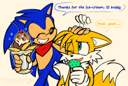 Size: 1600x1083 | Tagged: safe, artist:pukopop, miles "tails" prower, sonic the hedgehog, 2022, alternate outfit, bandana, clothes, dialogue, duo, english text, eye clipping through hair, food, grey background, headpats, ice cream, simple background, smile, standing, sweatdrop, text, walking