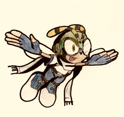 Size: 1533x1441 | Tagged: safe, artist:nextgrandcross, charmy bee, bee, 2009, alternate outfit, arms out, clothes, flying, fully clothed, goggles, looking ahead, looking offscreen, male, mid-air, mouth open, open smile, pilot hat, scarf, smile, solo, traditional media