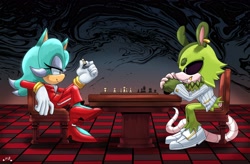 Size: 4096x2682 | Tagged: safe, artist:buddyhyped, breezie the hedgehog, clutch the opossum, chess