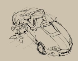 Size: 1195x940 | Tagged: safe, artist:maurofonseca, sonic the hedgehog, 2021, beige background, car, classic sonic, line art, looking at viewer, monochrome, simple background, sketch, solo, sonic drift, standing, vehicle
