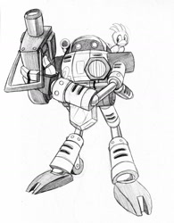 Size: 1280x1644 | Tagged: safe, artist:omegasunburst, e-102 gamma, flicky, 2021, blaster, duo, greyscale, lily, monochrome, on shoulder, robot, simple background, smile, standing, white background