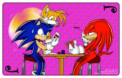 Size: 975x626 | Tagged: safe, artist:milestailsprower-007, knuckles the echidna, miles "tails" prower, sonic the hedgehog, 2004, abstract background, border, card, card game, chair, flying, head rest, holding something, lidded eyes, mid-air, mouth open, signature, sitting, smile, spinning tails, sweatdrop, table, team sonic, trio, uekawa style