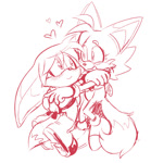 Size: 744x801 | Tagged: safe, artist:son1c, kit the fennec, miles "tails" prower, 2025, blushing, clothes, cute, duo, eyelashes, gay, heart, hugging, kit x tails, kitabetes, line art, looking at each other, shipping, simple background, smile, smiling at each other, tailabetes, trans boy tails, trans male, transgender, white background