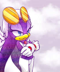 Size: 254x306 | Tagged: safe, artist:ilovebabylonrogues, wave the swallow, 2025, arms folded, eyelashes, gradient background, lidded eyes, looking offscreen, smile, solo, standing