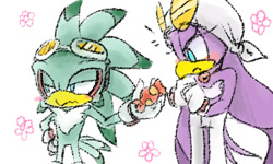 Size: 500x300 | Tagged: safe, artist:ilovebabylonrogues, jet the hawk, wave the swallow, 2025, blushing, candy, cute, duo, eyelashes, flower, food, frown, hand on hip, holding something, lidded eyes, platonic, simple background, standing, surprised, white background