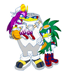 Size: 601x629 | Tagged: safe, artist:ilovebabylonrogues, jet the hawk, storm the albatross, wave the swallow, 2025, babylon rogues, carrying them, eyelashes, hand on hip, looking at each other, looking at them, simple background, smile, standing, trio, white background