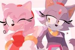 Size: 3798x2550 | Tagged: safe, artist:artyyline, amy rose, blaze the cat, 2025, amy x blaze, duo, eyelashes, lesbian, looking at them, nudging, shipping, simple background, smile, standing, white background, wink