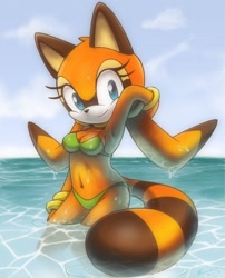 Size: 1036x1284 | Tagged: safe, artist:nancher, marine the raccoon, 2013, abstract background, belly button, bikini, child, cleavage, daytime, hands behind head, looking at viewer, outdoors, smile, smiling at viewer, solo, standing, underage, water, wet