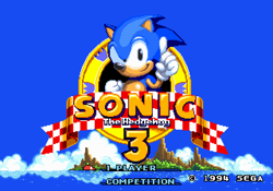 Size: 960x672 | Tagged: safe, artist:blitzerhog12, sonic the hedgehog, 2021, abstract background, angel island, classic sonic, clenched fist, clouds, daytime, english text, fake screenshot, ocean, outdoors, pixel art, smile, smiling at viewer, solo, sonic the hedgehog 3, sprite, style emulation, text, title screen, wagging finger, water