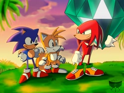 Size: 2048x1536 | Tagged: safe, artist:blitzerhog12, knuckles the echidna, miles "tails" prower, sonic the hedgehog, 2025, abstract background, classic knuckles, classic sonic, classic tails, clouds, frown, grass, holding something, looking at each other, looking at them, master emerald, palm tree, smile, sonic the hedgehog 3, standing, sunset, team sonic, trio