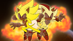 Size: 1920x1080 | Tagged: safe, artist:joopitor, shadow the hedgehog, sonic the hedgehog, super shadow, super sonic, sonic the hedgehog 3 (film), 2025, duo, flying, looking offscreen, mid-air, smile, super form