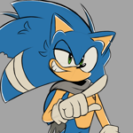 Size: 2048x2048 | Tagged: safe, artist:joopitor, sonic the hedgehog, 2024, alternate outfit, alternate universe, au:renegade, bandage, chipped ear, looking offscreen, pointing, scarf, smile, solo, top surgery scars, trans boy sonic, trans male, transgender