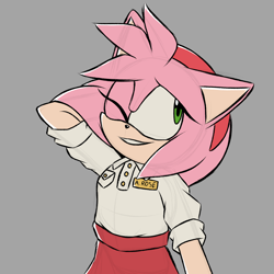 Size: 2048x2048 | Tagged: safe, artist:joopitor, amy rose, 2024, alternate outfit, alternate universe, au:renegade, clothes, eyelashes, grey background, hand behind head, looking offscreen, name tag, one eye closed, shirt, simple background, skirt, smile, solo, standing