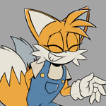 Size: 2048x2048 | Tagged: safe, artist:joopitor, miles "tails" prower, oc, oc:millie "tails" prower, 2024, alternate outfit, alternate universe, au:renegade, clothes, eyelashes, eyes closed, grey background, hand behind back, overalls, shirt, simple background, smile, solo, trans female, trans girl tails, transgender