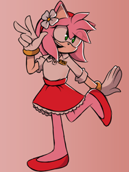 Size: 1620x2160 | Tagged: safe, artist:joopitor, amy rose, 2024, alternate outfit, alternate universe, au:renegade, clothes, eyelashes, flower, flower in hair, gradient background, looking offscreen, mouth open, name tag, open smile, shirt, skirt, smile, solo, standing, standing on one leg, v sign
