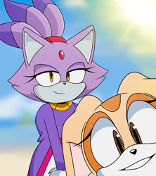 Size: 1920x2160 | Tagged: safe, artist:joopitor, blaze the cat, cream the rabbit, 2024, daytime, duo, eyelashes, gradient background, lidded eyes, outdoors, smile, smiling at viewer, standing, sun