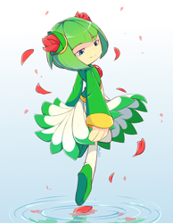 Size: 2000x2580 | Tagged: safe, artist:drawwhatyoulike, cosmo the seedrian, seedrian, 2021, eyebrow clipping through hair, gradient background, lidded eyes, looking offscreen, petal, smile, solo, standing, water